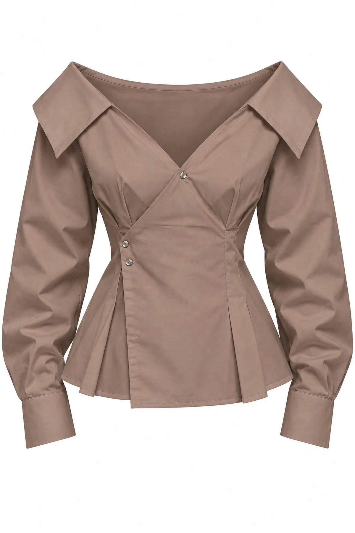 Button Pleat Detail Brown Poplin Shirt