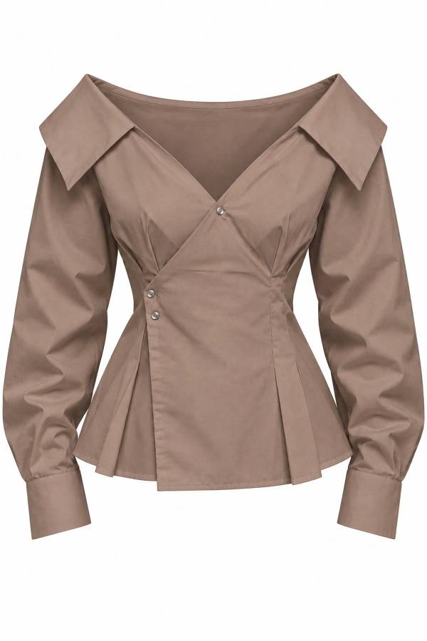 Button Pleat Detail Brown Poplin Shirt